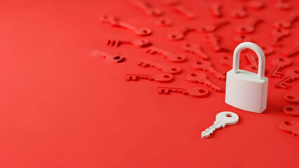 A white padlock and its matching key stand out among many red keys on a vibrant red background, symbolizing security and finding the right solution.