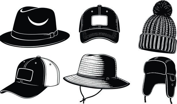Black and white detailed vector art of six different hat styles including fedora cap baseball caps knit beanie bucket hat and winter trapper hat with pompom and ear flaps