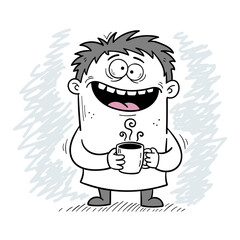 Funny cartoon man with messy hair holding a steaming coffee mug with a crazed happy expression for a good morning concept