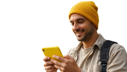 Smiling Young Man Using Smartphone, Casual Male with Backpack and Yellow Beanie Isolated on White Background