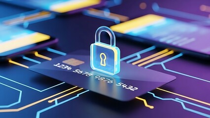 Digital security padlock over credit card and circuit board, representing online payment safety
