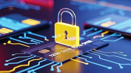 Secure online payment with credit card and digital lock on circuit board