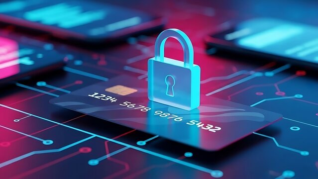 Digital security padlock over credit card and circuit board, representing online payment safety - Powered by Adobe