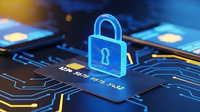 Digital security padlock over credit card and circuit board, representing online payment safety - Powered by Adobe
