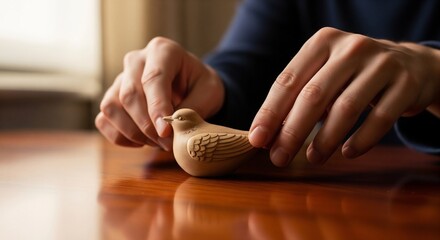 Close-up of hands gently holding a small hand-carved wooden bird on a polished table, representing craftsmanship, peace, and delicate artistry