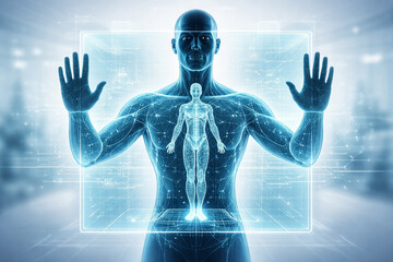 AI generated digital human scanning interface with transparent body and embedded digital twin showing medical data analysis precision healthcare visualization and future smart medical systems