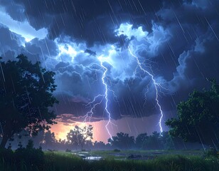 Dramatic lightning strikes across a rural landscape during a storm
