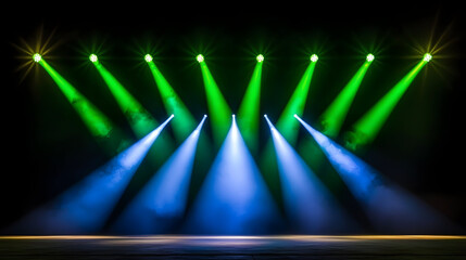 Bright stage lights illuminate dark background, creating vibrant atmosphere with green and blue
