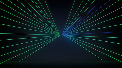 Laser beams create vibrant display of green and blue lines converging dark space, evoking sense

