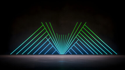 Neon light patterns create vibrant geometric design in dark space, evoking energy
