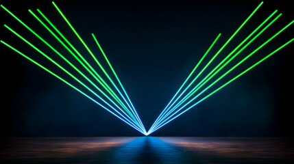 Bright green and blue laser beams create stunning visual effect against dark background
