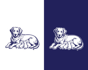 Mother Dog Resting with Newborn Puppies Illustration