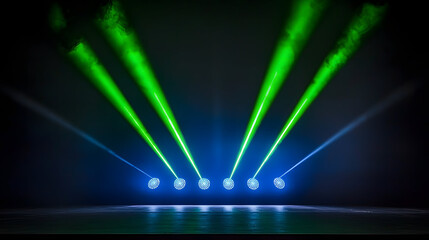 Bright green and blue stage lights create vibrant atmosphere with beams illuminating dark space
