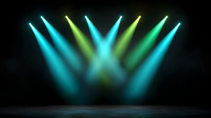 Bright stage lights create vibrant atmosphere with colorful beams illuminating dark space
