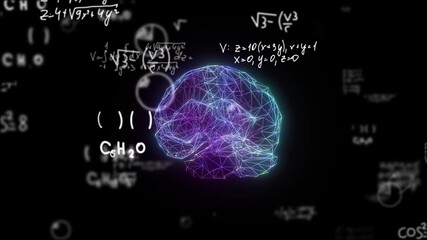 Glowing neon brain with electrical impulses and mathematical formulas on a black background. Deep learning, neural networks, intelligence technology. 4k footage. - Powered by Adobe