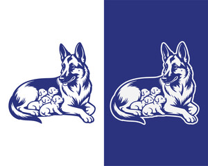 Protective Mother Dog and Puppies Illustration