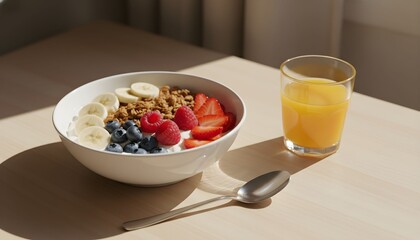 A healthy breakfast setup on a table featuring a bowl of fruit and granola with a glass of orange juice