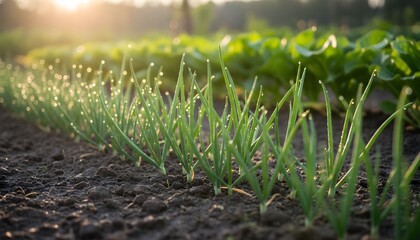 Green shoots of young onions growing in a field at sunrise