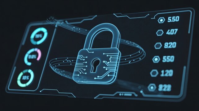 Secure digital lock on futuristic interface with circuit board design - Powered by Adobe