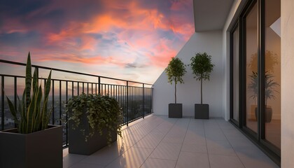 The serene balcony overlooks the cityscape at sunset with potted plants on a tiled floor