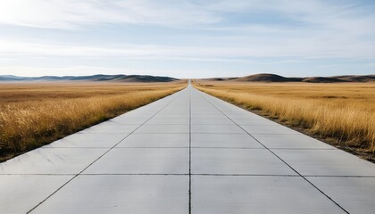 A long, straight concrete road stretches through a vast field of golden brown grass under a partly cloudy sky.