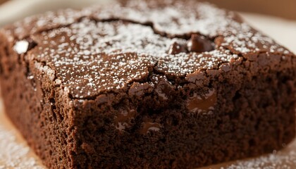 A delicious slice of chocolate cake is sprinkled with powdered sugar on a plate.