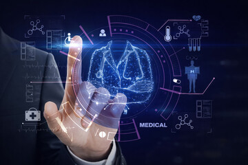 AI generated digital healthcare technology human brain interface medical icons and data visualization showing artificial intelligence health analytics precision medicine and advanced medical