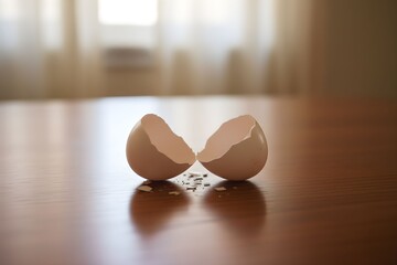 A broken egg lies on a wooden table indoors with yolk spilled.