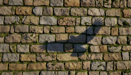 A bird casts its shadow on a weathered brick wall with moss