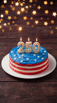Creative USA Bicentennial cake with sparkling confetti falling, American flag theme. 4th July 250 anniversary. Vertical banner, copy space