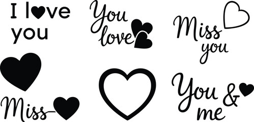 Black heart shapes and romantic love phrases illustrating affection and longing with handwritten style lettering and simple flat design on white background