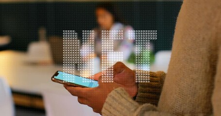 Animation of dots forming nft text over midsection of woman using cellphone in office - Powered by Adobe