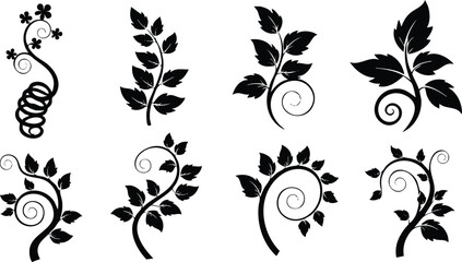 Black floral branch vector set with swirling stems and leaves decorative elements isolated on white background elegant botanical design icons