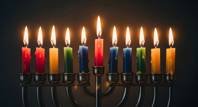 Colorful lit candles on a metal menorah against a dark backgroun