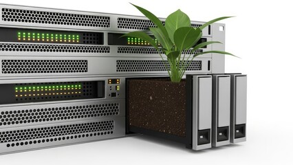 A lush green plant emerging from a server rack signifies eco-friendly technology in a modern setup.