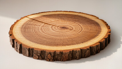 Cross section of a natural pine tree trunk with rings and bark on a white background with soft shadows, concept of natural growth and woodworking