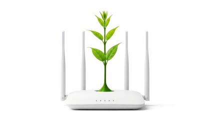 An innovative router with a green plant symbolizing eco-friendly tech on a white background.