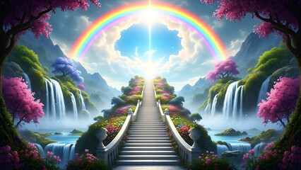 Fototapeta premium Path to heaven with waterfalls and a radiant light gateway