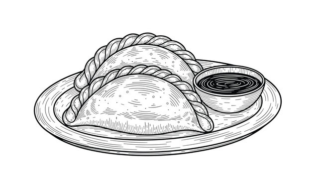 Vintage black and white engraving-style illustration of two crispy empanadas served on a plate with a side of dipping sauce.