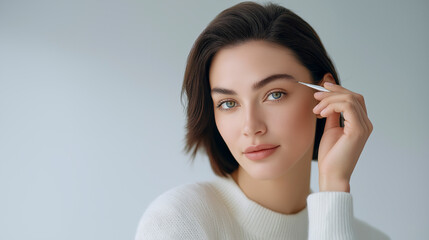 Young brunette caucasian woman in white sweater applying eyebrow makeup with precise pencil on plain light background