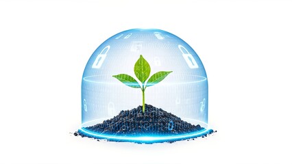 A young green plant grows under a digital dome representing security and innovation.