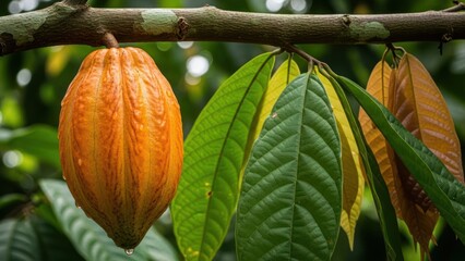 Ripe Cocoa Pod Hanging from Tree Branch.