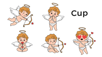 Naklejka premium Adorable collection of cute cartoon cupids in various poses for Valentine's Day, with wings, halos, and bows with heart arrows.