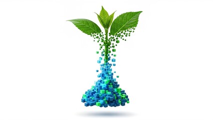 A vibrant plant emerges from a cluster of blue and green digital cubes, symbolizing growth and technology.