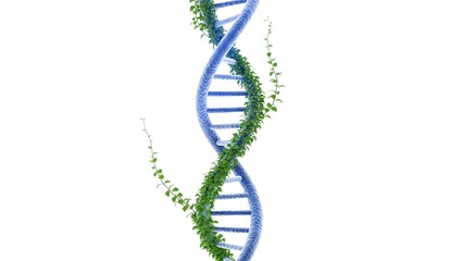 A realistic DNA strand wrapped with green vines against a white background, representing nature and science.