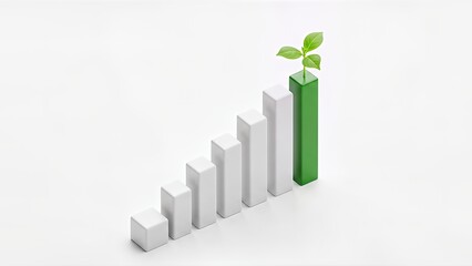 3D bar chart ascending with a green bar showing a plant, representing growth and success.