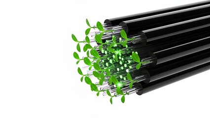 Fiber optic cables integrated with green leaves, symbolizing growth and eco-friendly technology.
