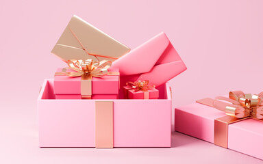 Opening gift box with pink envelope. Valentine's Day gifts and love letters. Valentine's Day theme, 3d rendering.