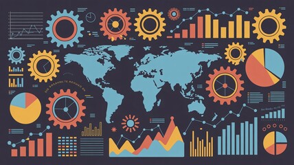 Vibrant infographic with gears and graphs on world map background