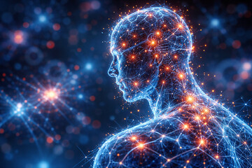 AI generated digital human neural network visualization showing bioelectric signals data flow and advanced artificial intelligence representing neuroscience bioinformatics future medical technology